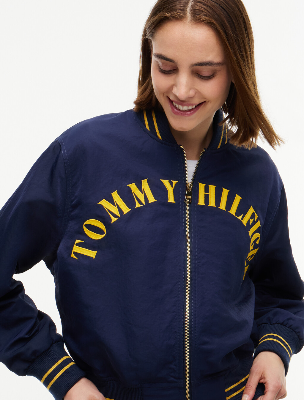 Arch Logo Satin Relaxed Varsity Jacket, Dark Blue, hi-res
