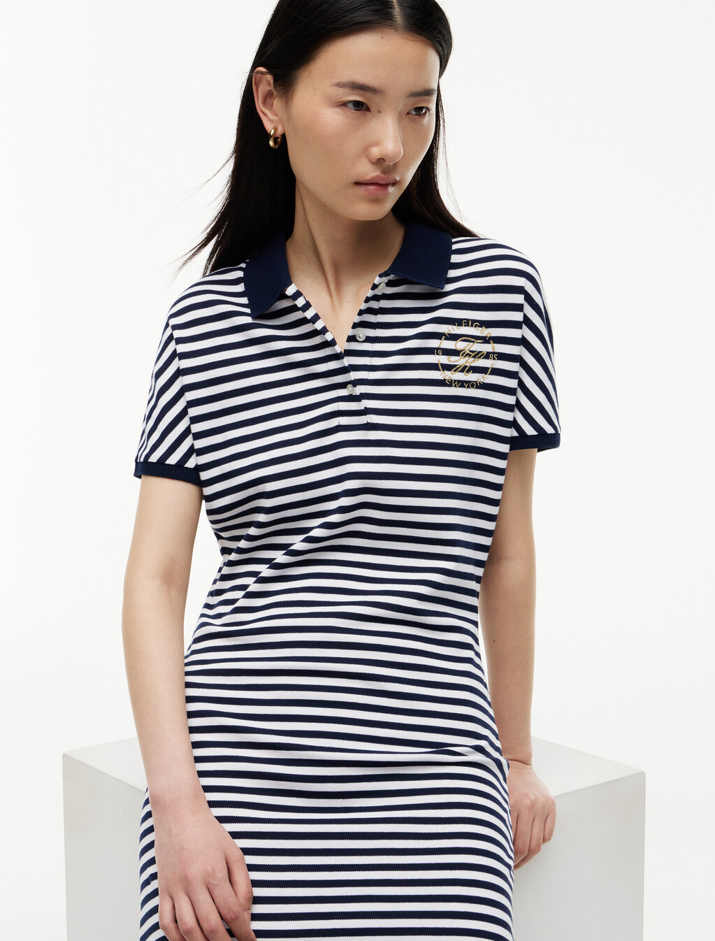 Metallic Logo Pique Mini Polo Dress, Breton Stripe Dark Night Navy/Ecru, hi-res