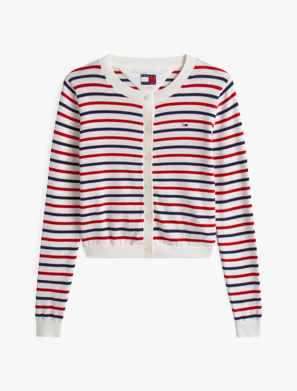 Essential Crewneck Cardigan, White / Red / Navy Stripe, hi-res