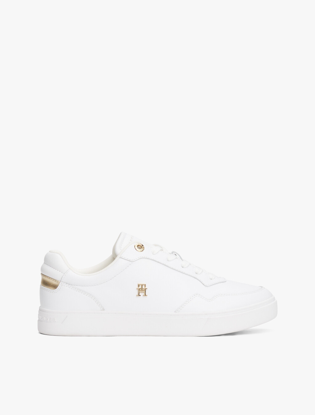 Leather TH Monogram Plaque Court Trainers, White/Gold, hi-res