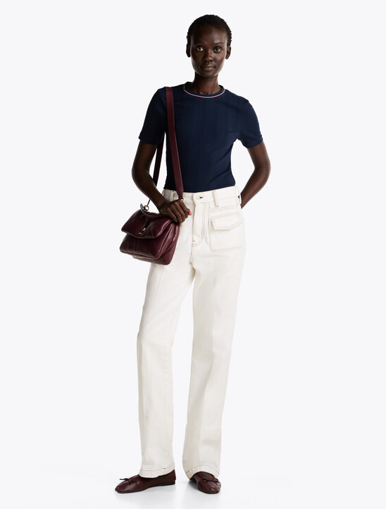 Rib-Knit Contrast Collar Slim T-Shirt