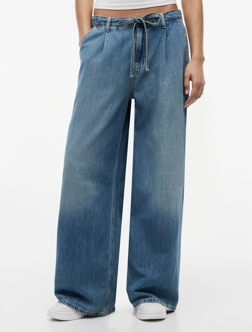 Drawstring Loose Wide Leg Jeans With Linen, Denim Medium, hi-res