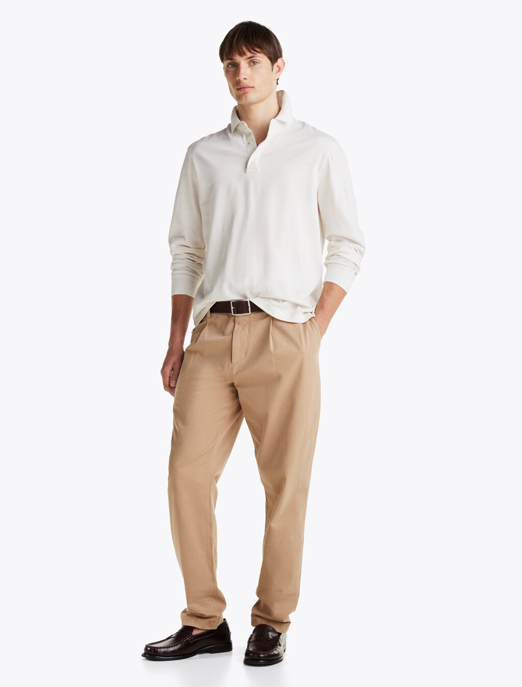 Regular Fit Long Sleeve Polo Shirt, Ivory, hi-res