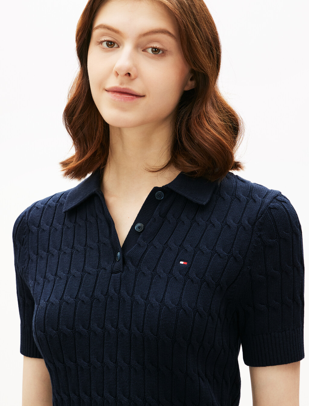Cable Knit Short Sleeve Polo, Dark Night Navy, hi-res