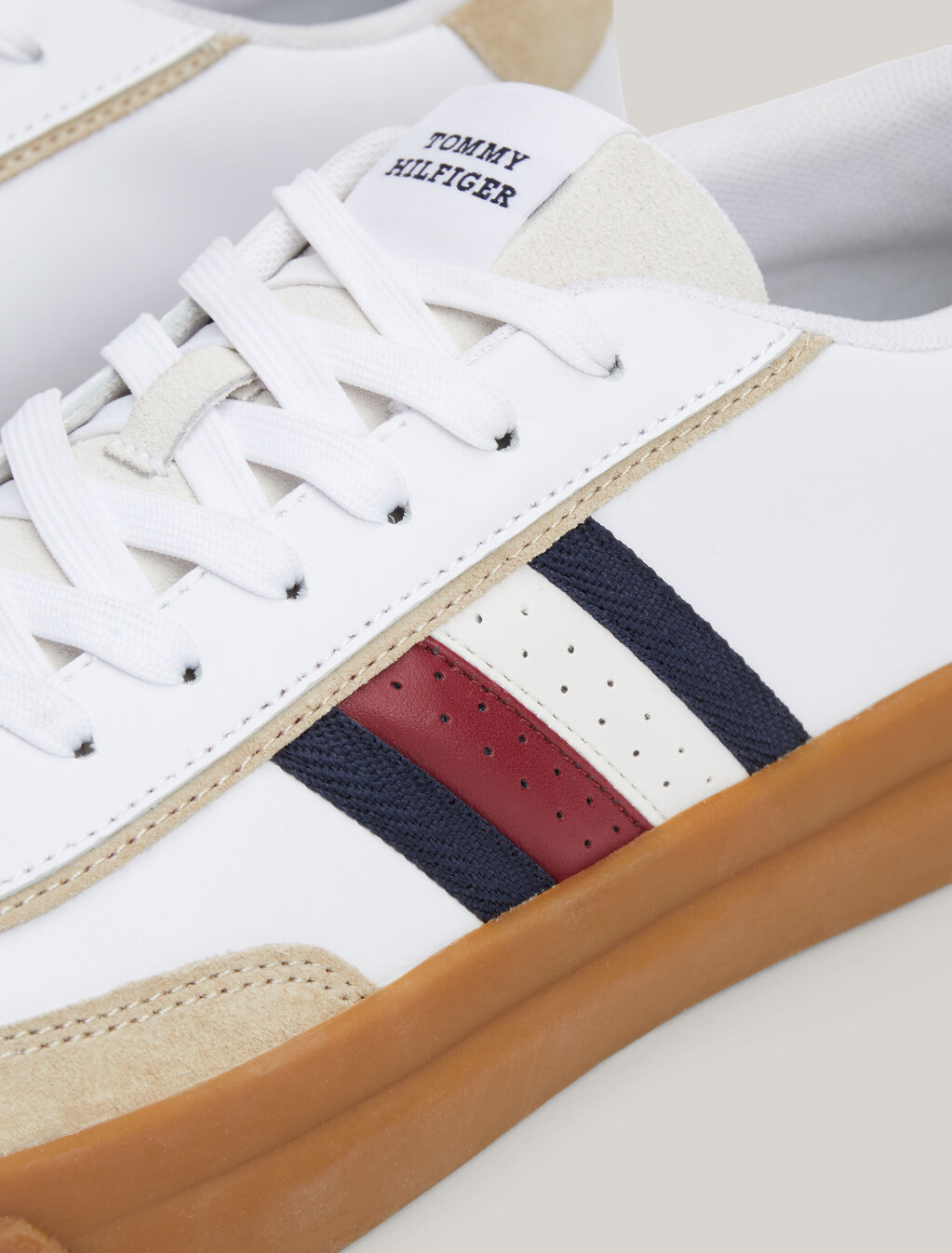 Mixed Texture Leather Cupsole Trainers, White, hi-res