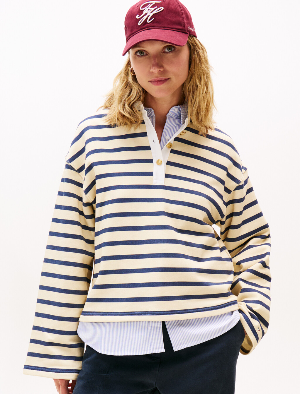 Gold-Tone Button Relaxed Rugby Sweatshirt, Country Ivory/ Dark Night Navy Stp, hi-res
