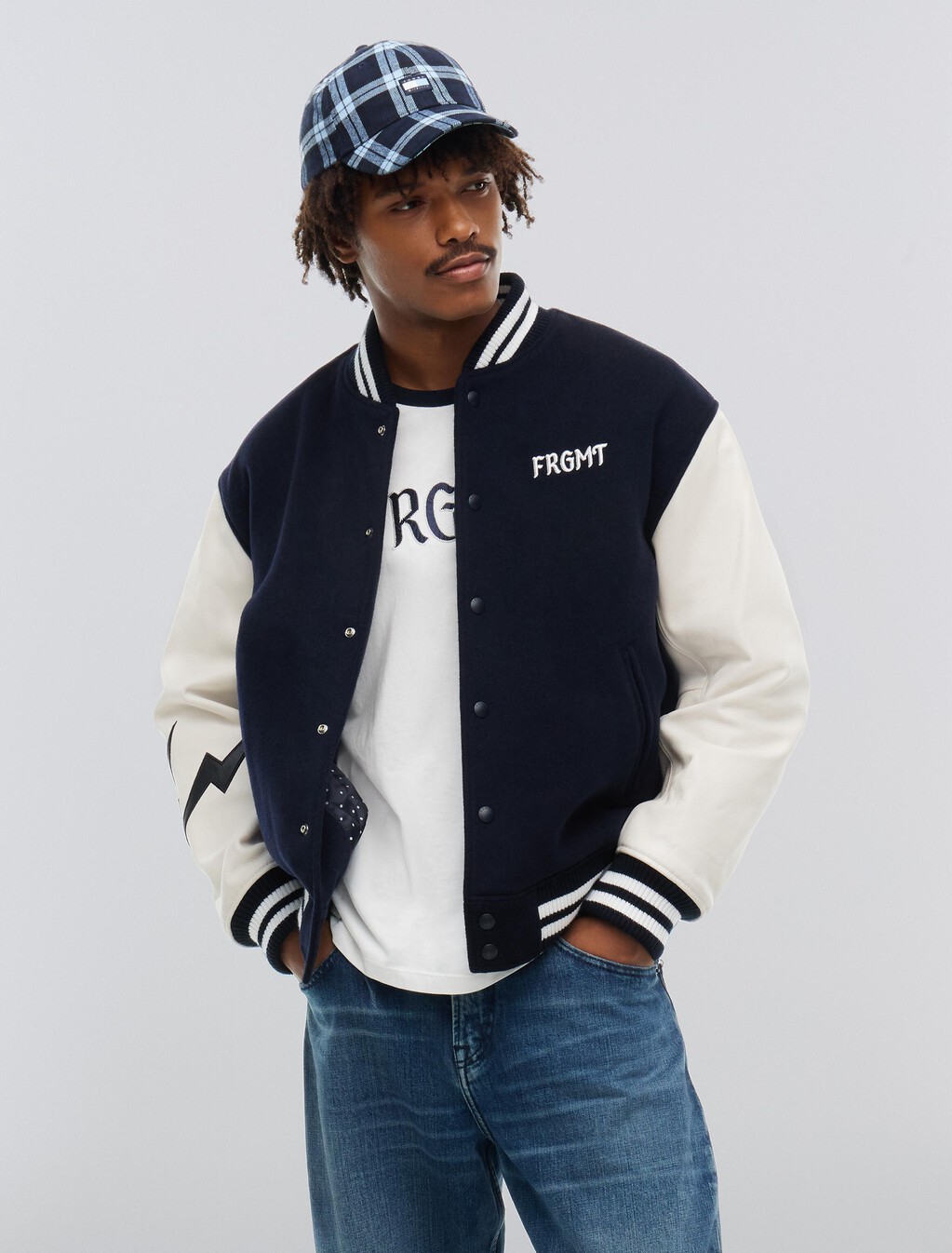 Tommy Hilfiger x FRGMT Pebble Grain Leather Varsity Jacket, Navy Blue / Ecru, hi-res
