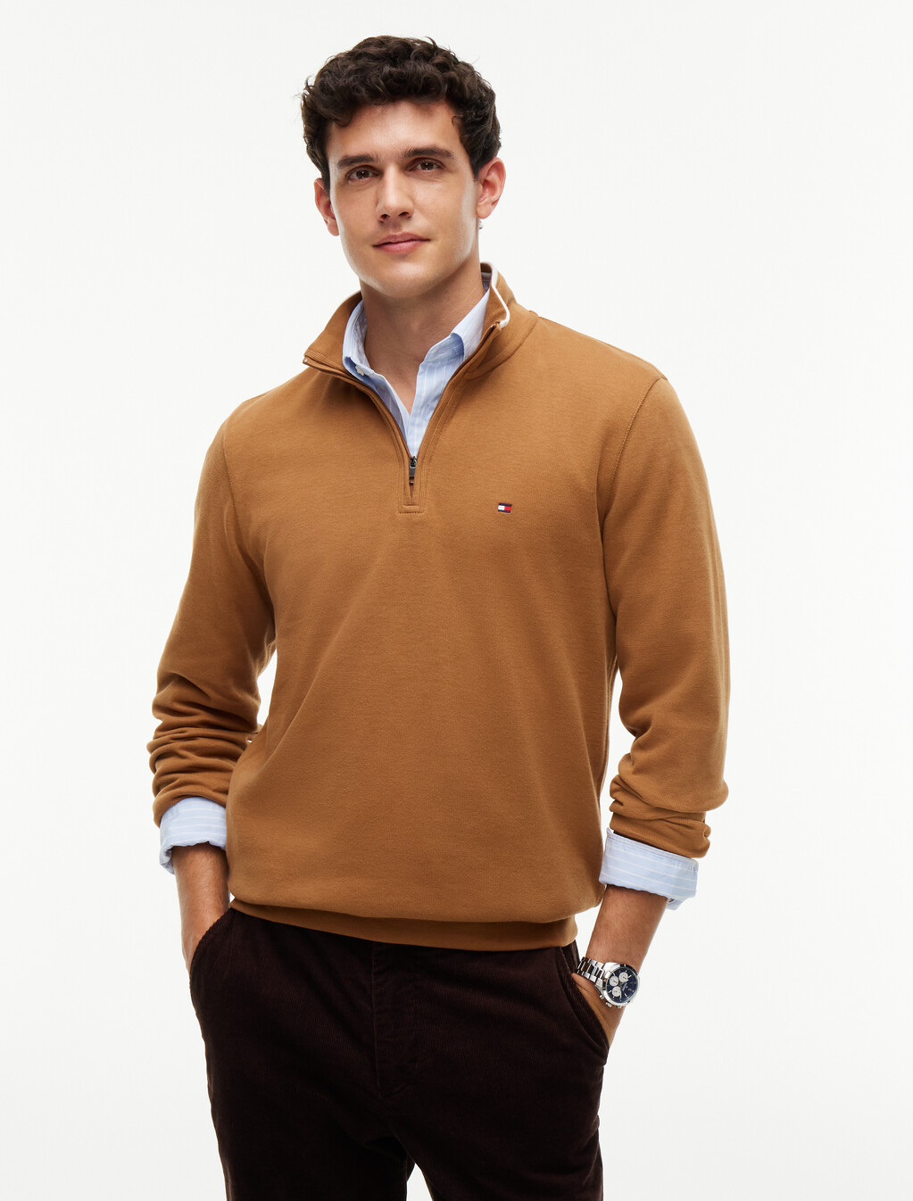 French Rib Knit 1/4 Zip Sweater, Timeless Tawny, hi-res
