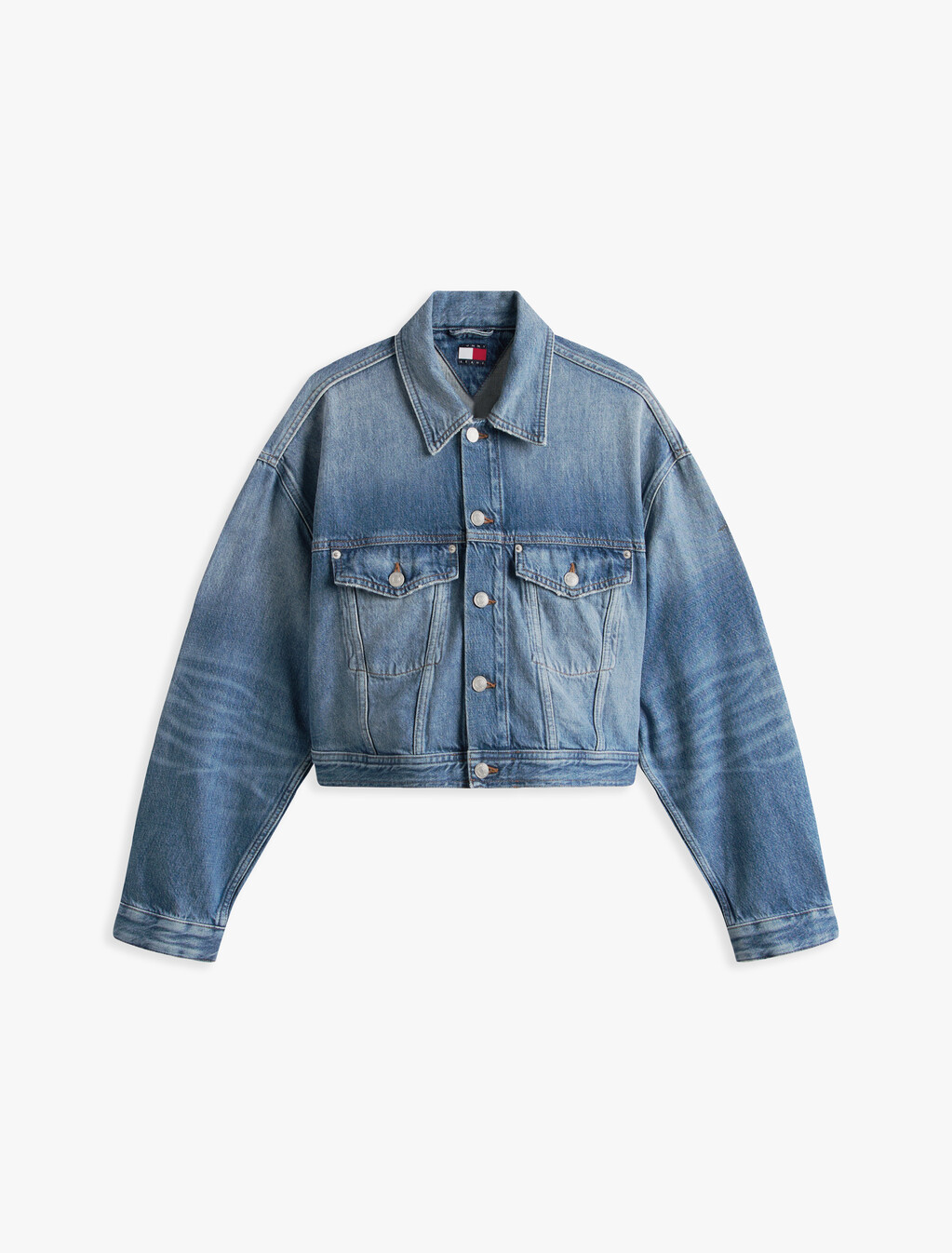 Tommy Girl Back Logo Cropped Oversized Denim Jacket, Indigo Wash, hi-res