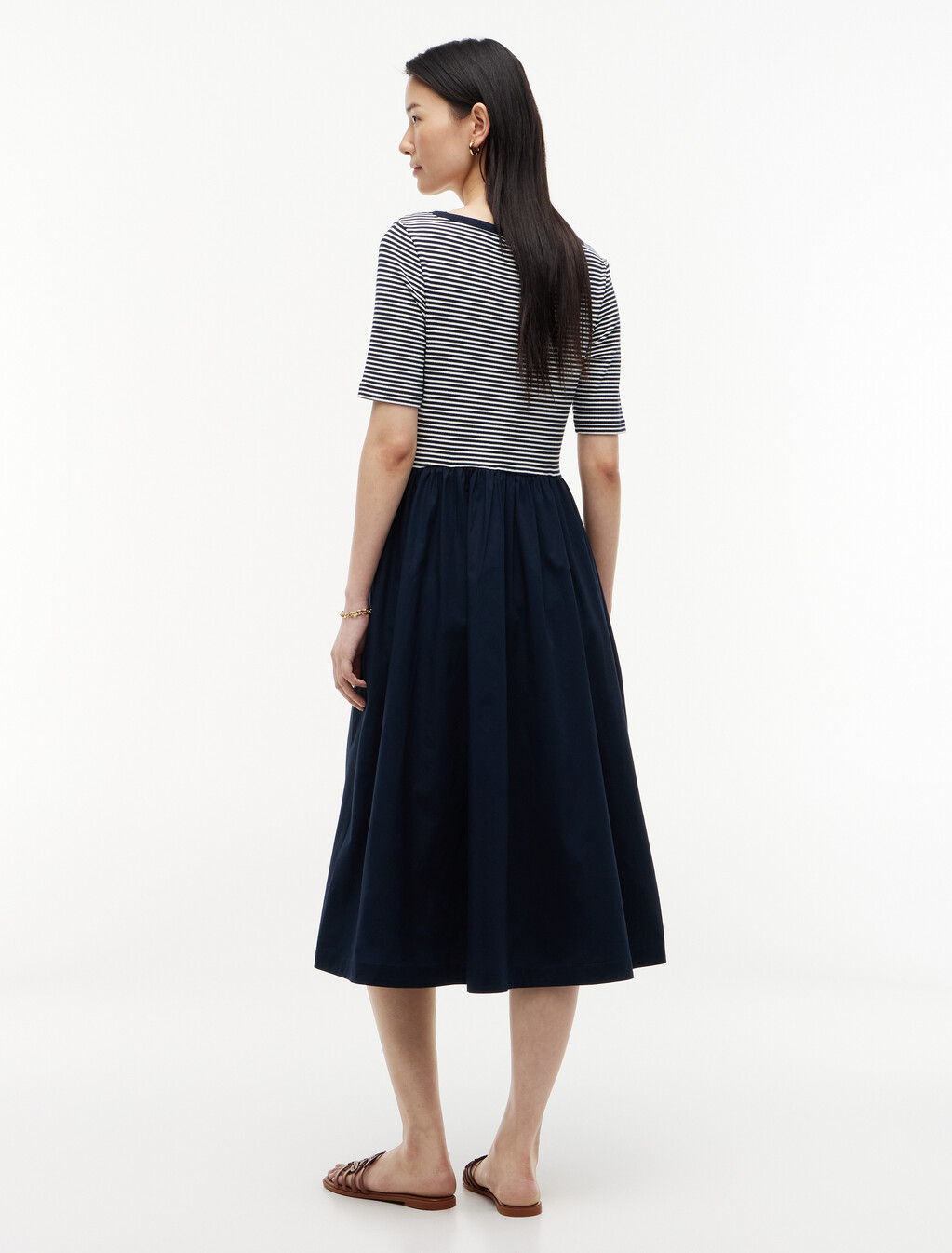 Gold-Tone Button Ribbed Midi Flare Dress, Dark Night Navy /Ecru Stp, hi-res