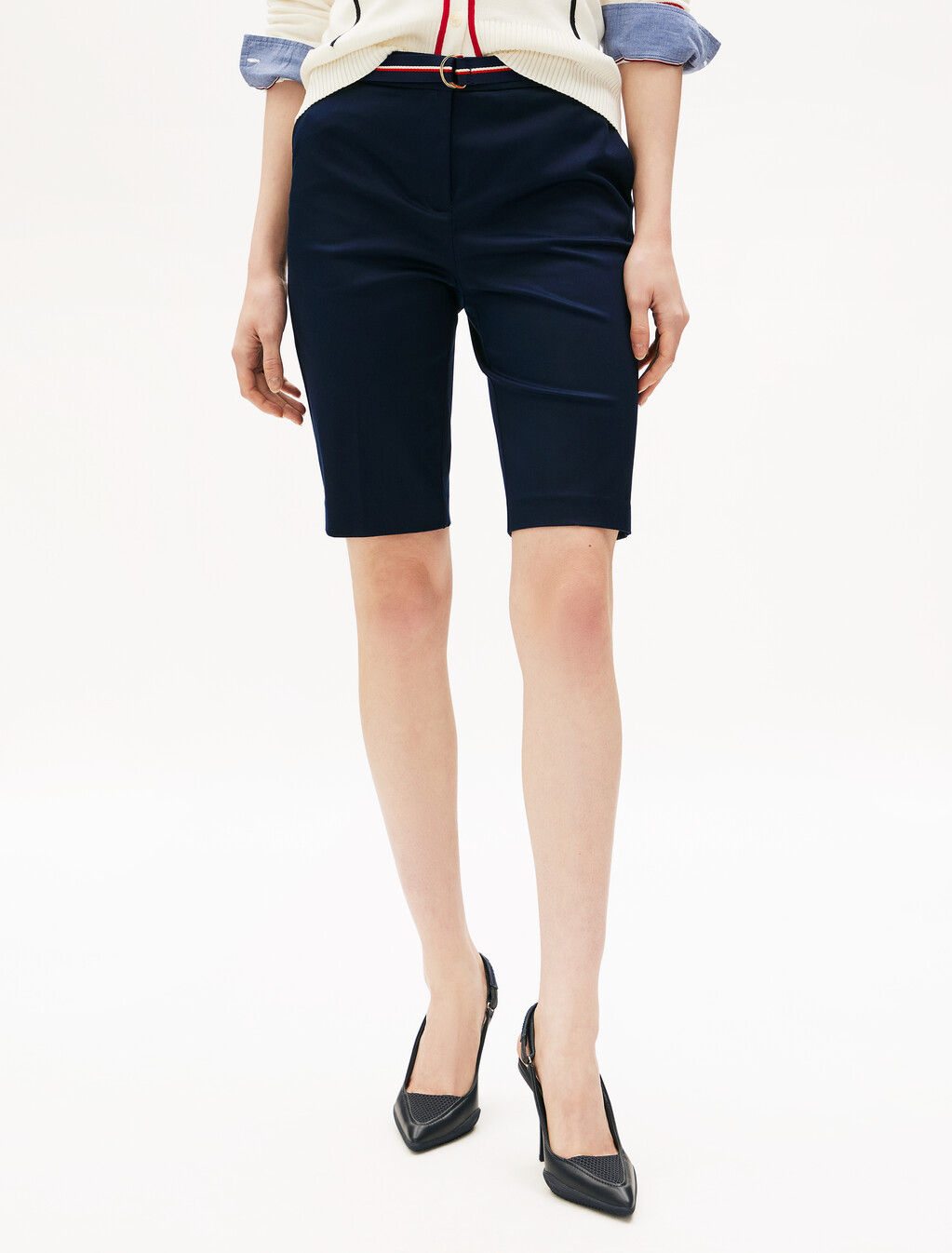 Linen Mix Belted Shorts, Dark Night Navy, hi-res