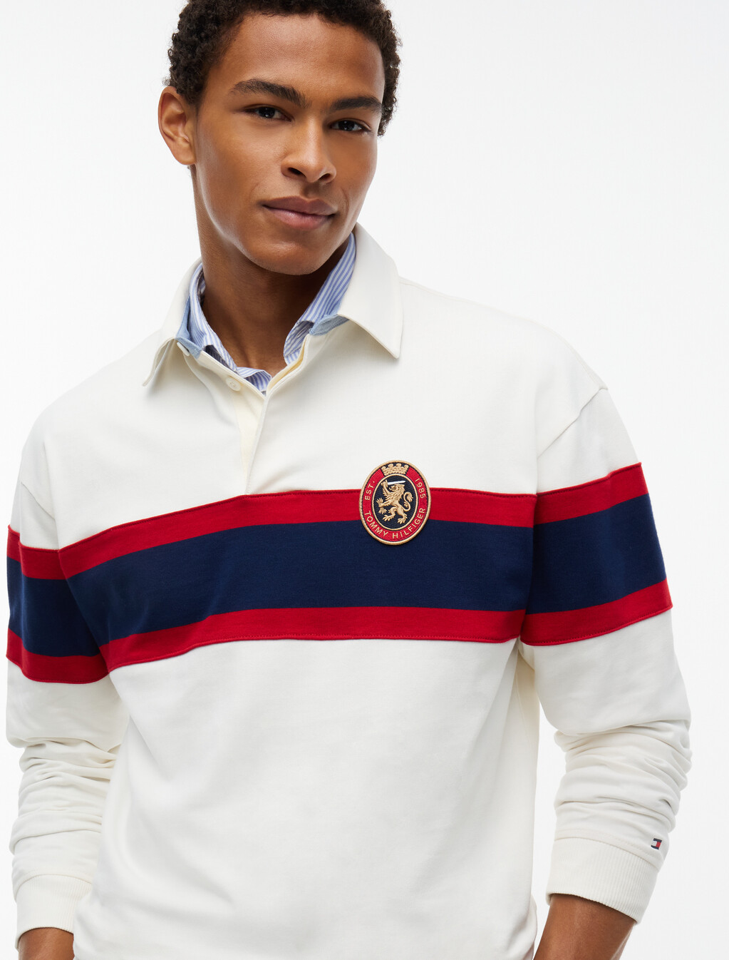 Crest Colour-Blocked Relaxed Rugby Shirt, Ivory Petal, hi-res