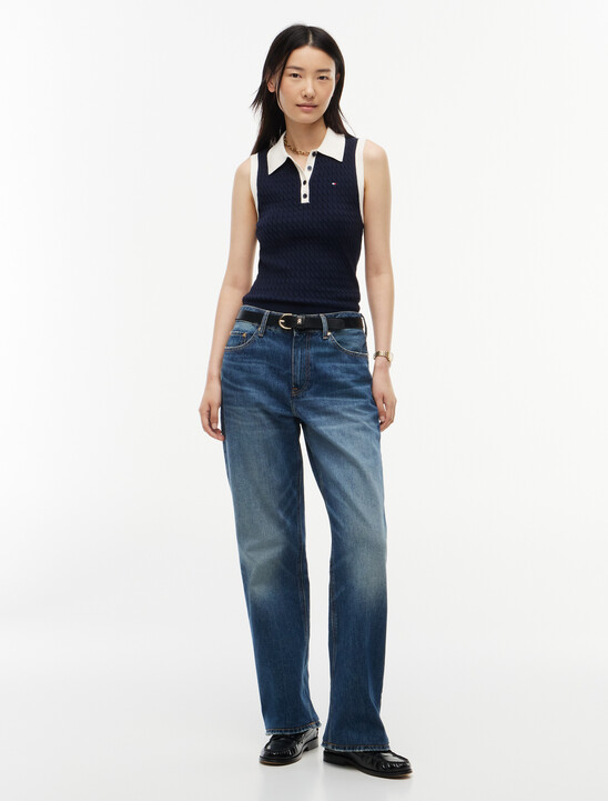 Cable Knit Contrast Sleeveless Polo Jumper