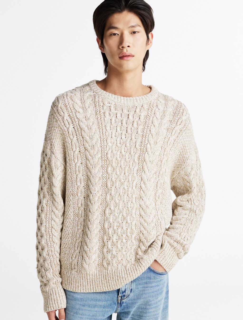 Aran Cable Knit Relaxed Jumper, Ivory Petal / Sandalwood Mouline, hi-res