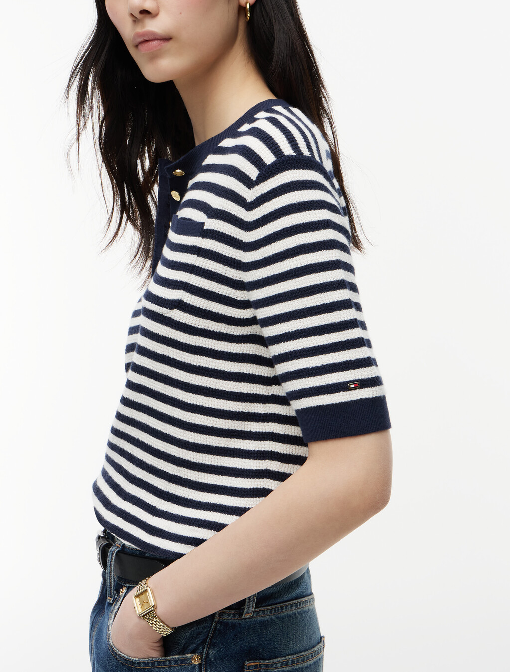 Gold-Tone Button Henley Short Sleeve Jumper, Ivory Petal/Dark N Navy Stp, hi-res