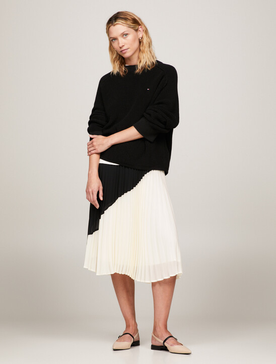 Colour-Blocked Pleated Flare Midi Skirt