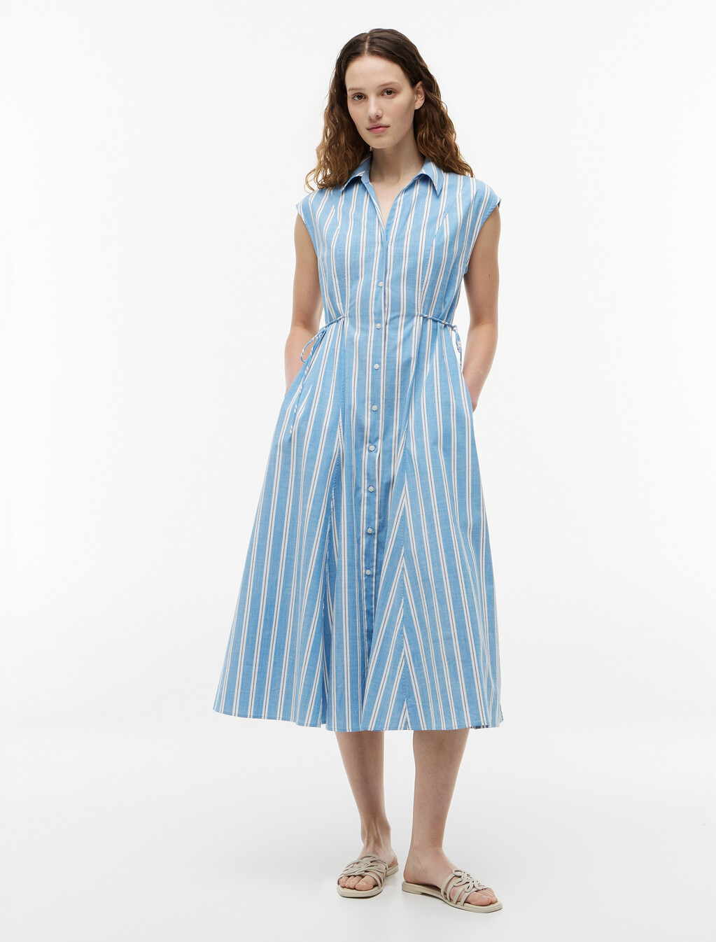 Tie Detail Cap Sleeve Midi Shirt Dress, Liquorice Stripe Breeze Blue, hi-res
