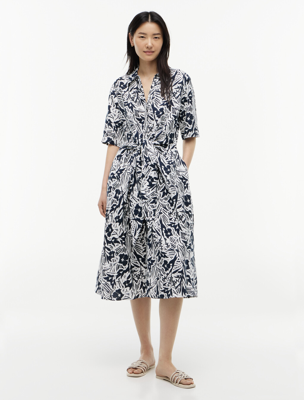 Linen Viscose Knot Dress, Tropical Floral/ Navy, hi-res