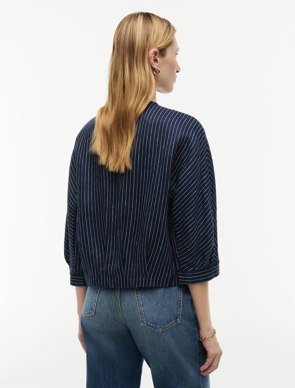 Relaxed Gold-Tone Button Pinstripe Blouse, Pin Stripe Navy, hi-res