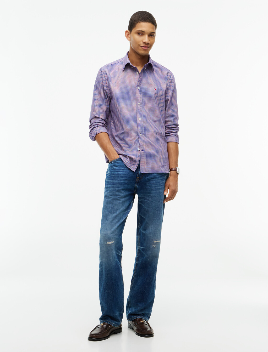 Regular Fit Micro Tartan Oxford Shirt, Medium Red / Check, hi-res