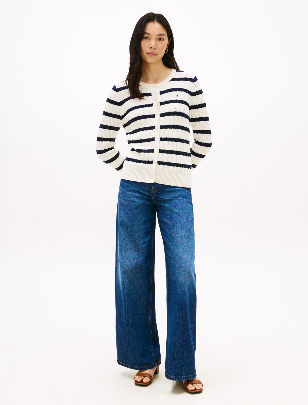 Mid-Gauge Cable Knit Round Neck Cardigan, Ivory Petal/Dark N Navy Stp, hi-res