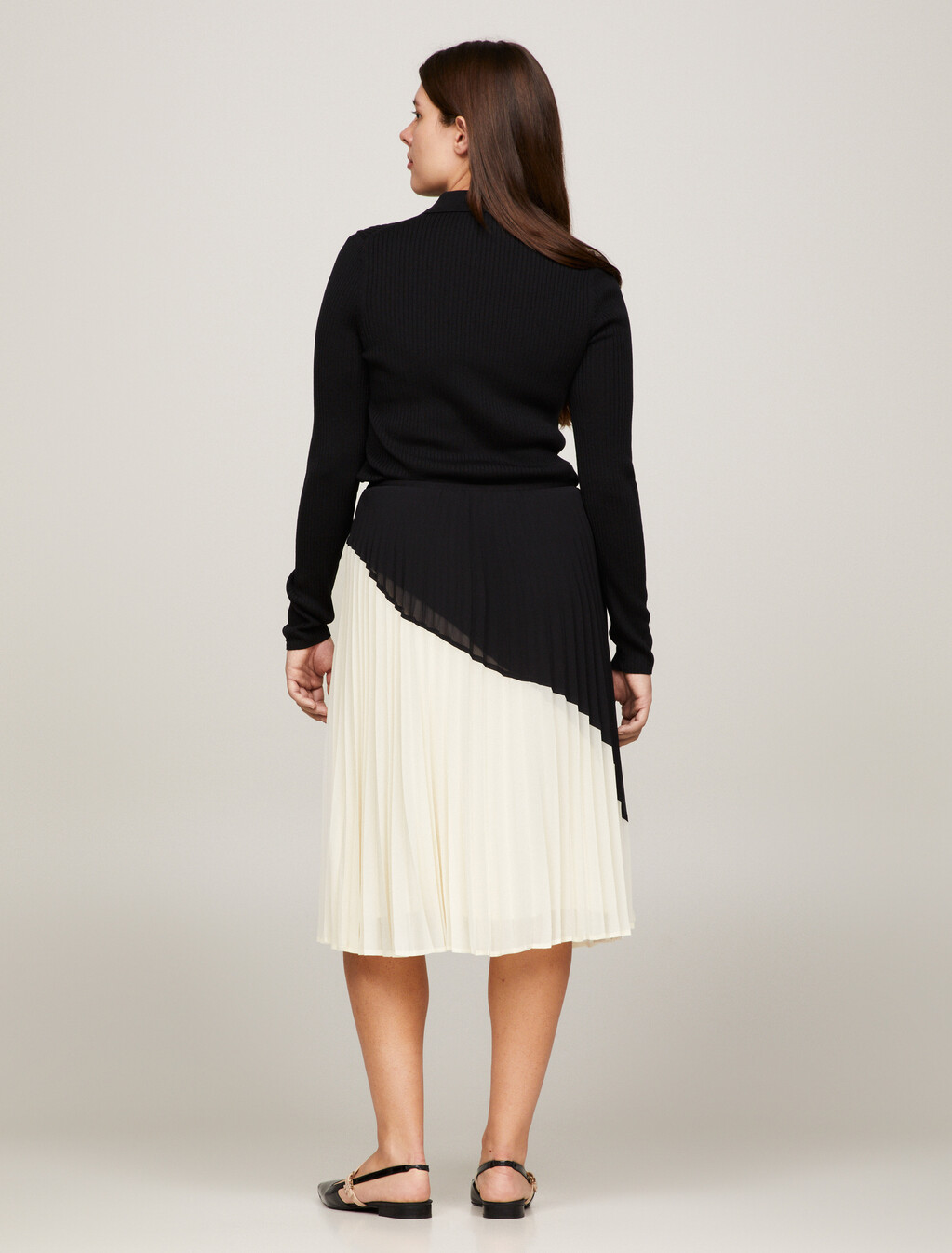 Colour-Blocked Pleated Flare Midi Skirt, Black/ Calico Colorblocked, hi-res