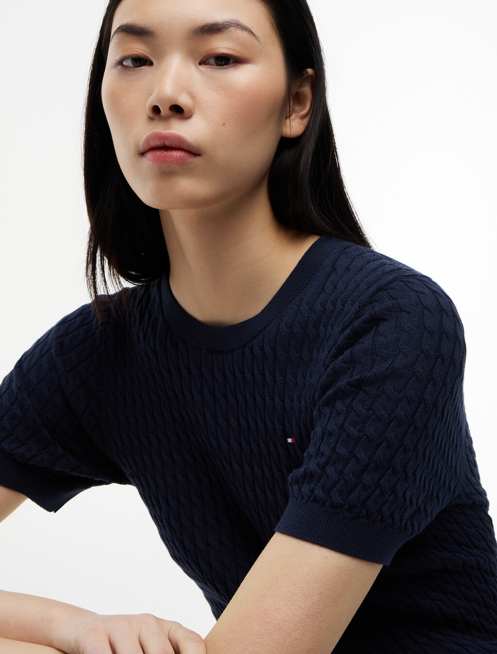 Fine Gauge Cable Knit Short Sleeve Jumper, Dark Night Navy, hi-res