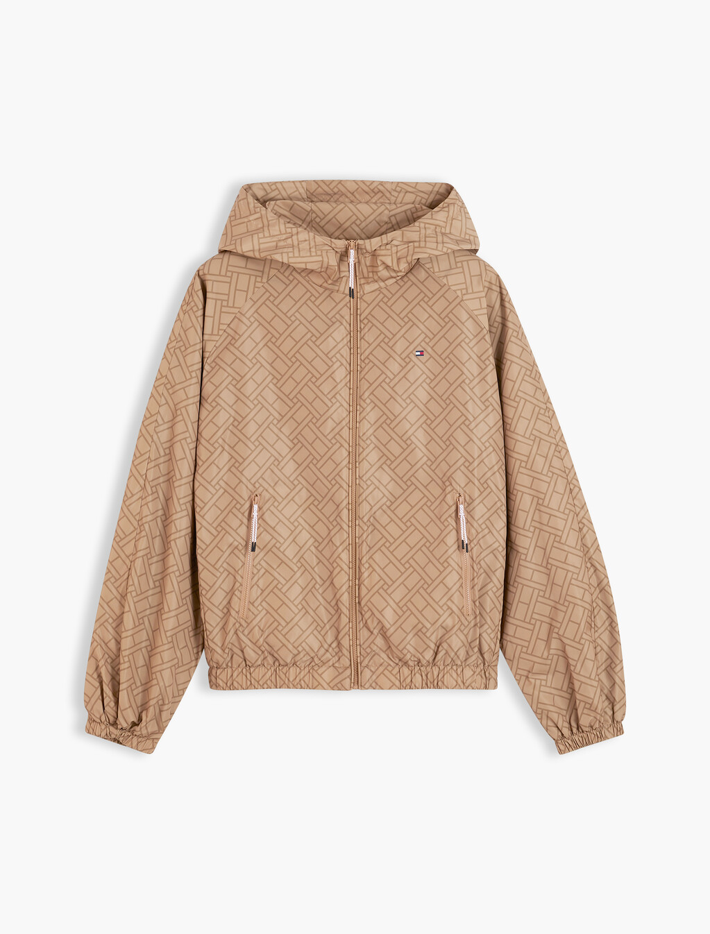 Relaxed Hooded Zip-Thru Windbreaker, Beige Monogram Flag, hi-res