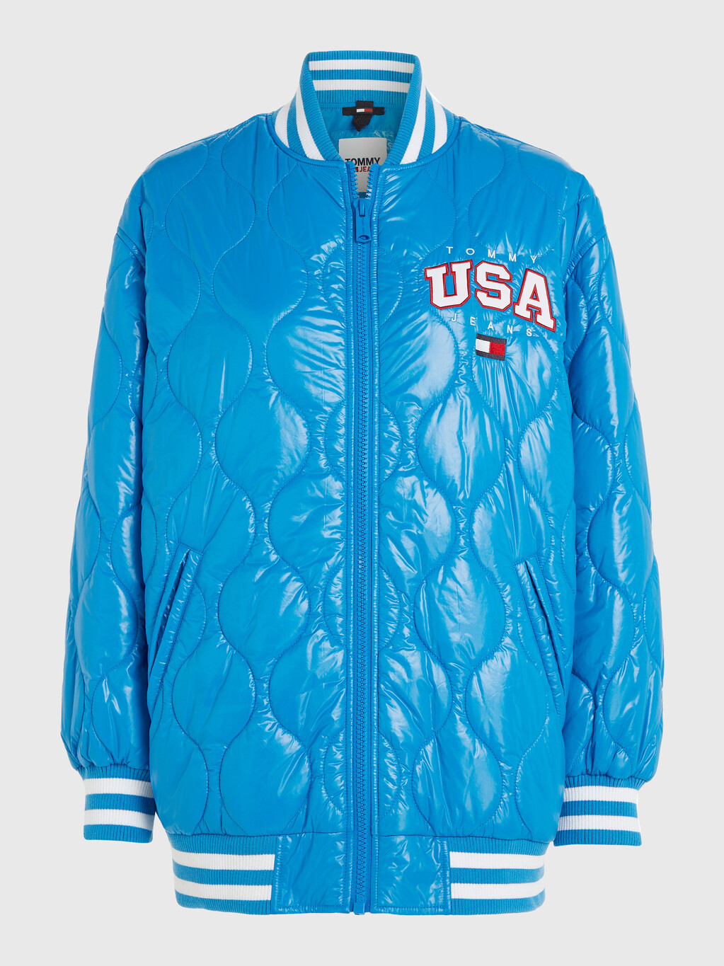 Shiny Quilted Bomber Jacket, Deep Sky Blue, hi-res