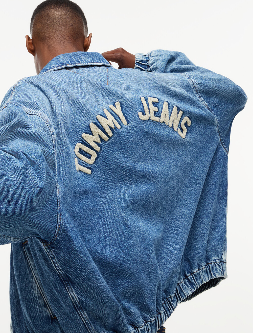 Faded Denim Relaxed Harrington Jacket, Denim Medium, hi-res
