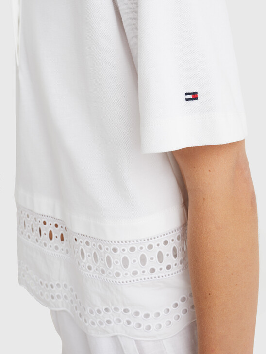 RELAXED FIT BRODERIE ANGLAISE POLO TOP