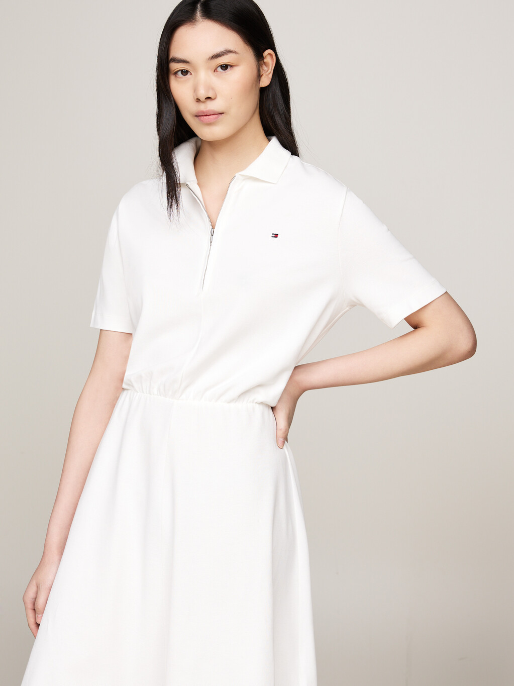 Zip Placket Fit And Flare Polo Dress, Ecru, hi-res