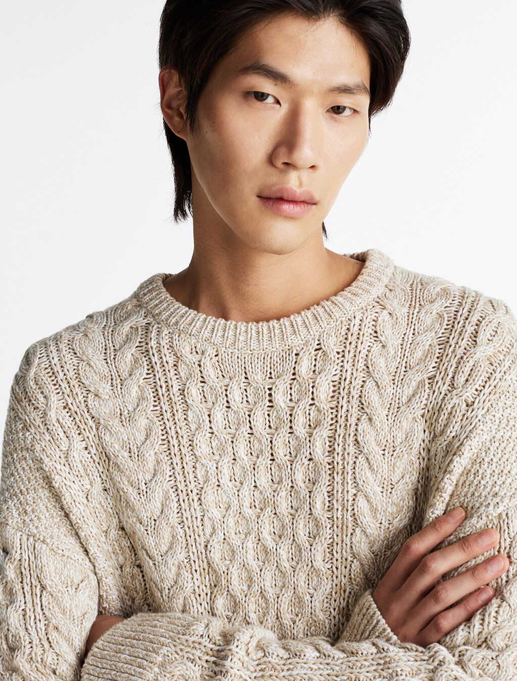 Aran Cable Knit Relaxed Jumper, Ivory Petal / Sandalwood Mouline, hi-res