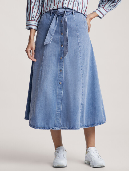 Belted Fit And Flare Denim Midi Skirt