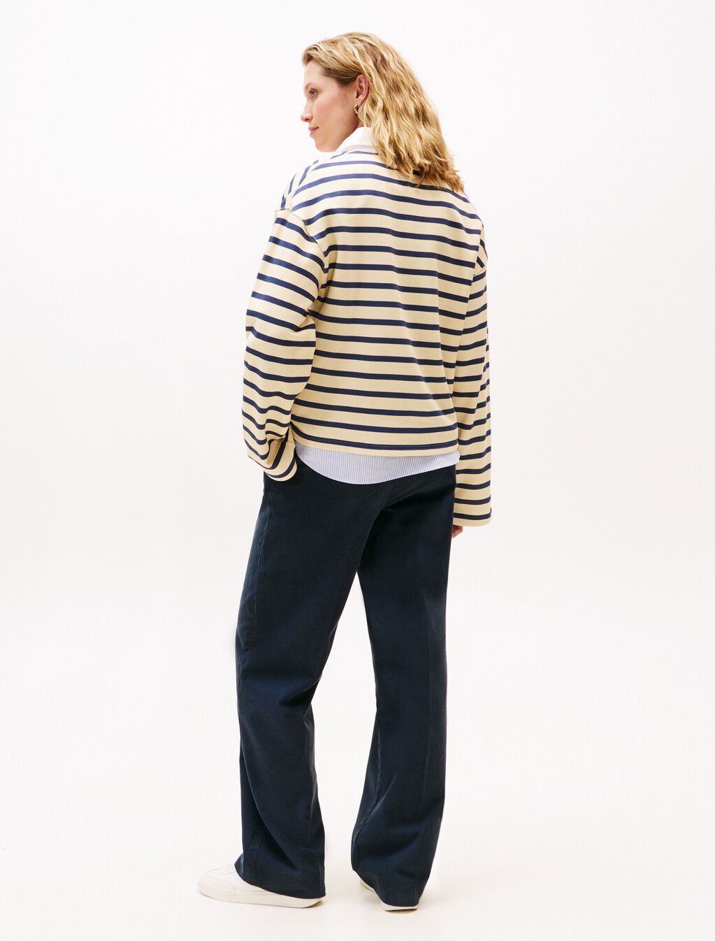 Gold-Tone Button Relaxed Rugby Sweatshirt, Country Ivory/ Dark Night Navy Stp, hi-res