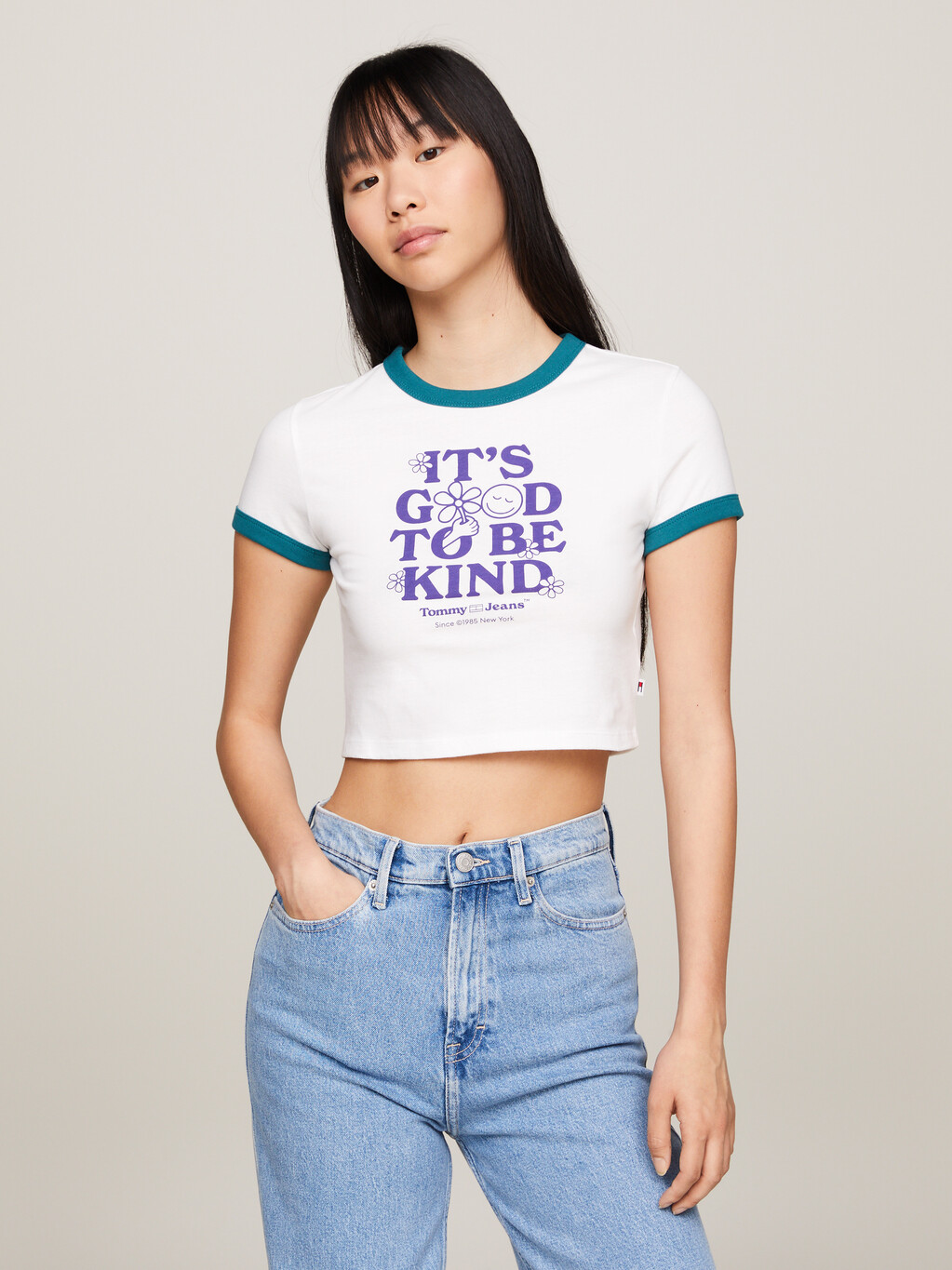 Slim Fit Cropped Slogan T-Shirt, White, hi-res