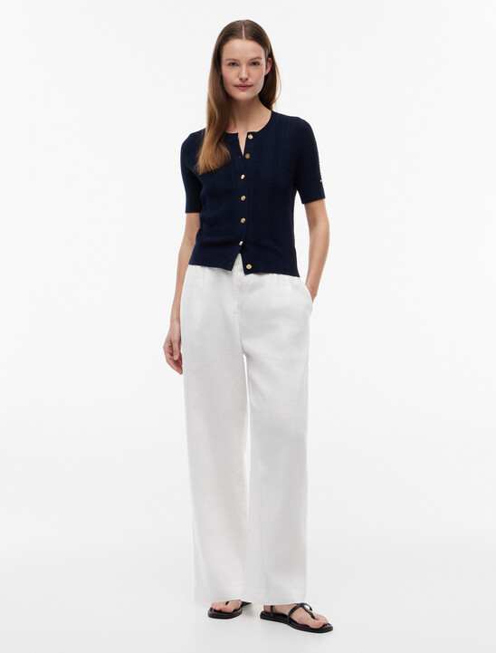 Pointelle Gold-Tone Button Short Sleeve Cardigan