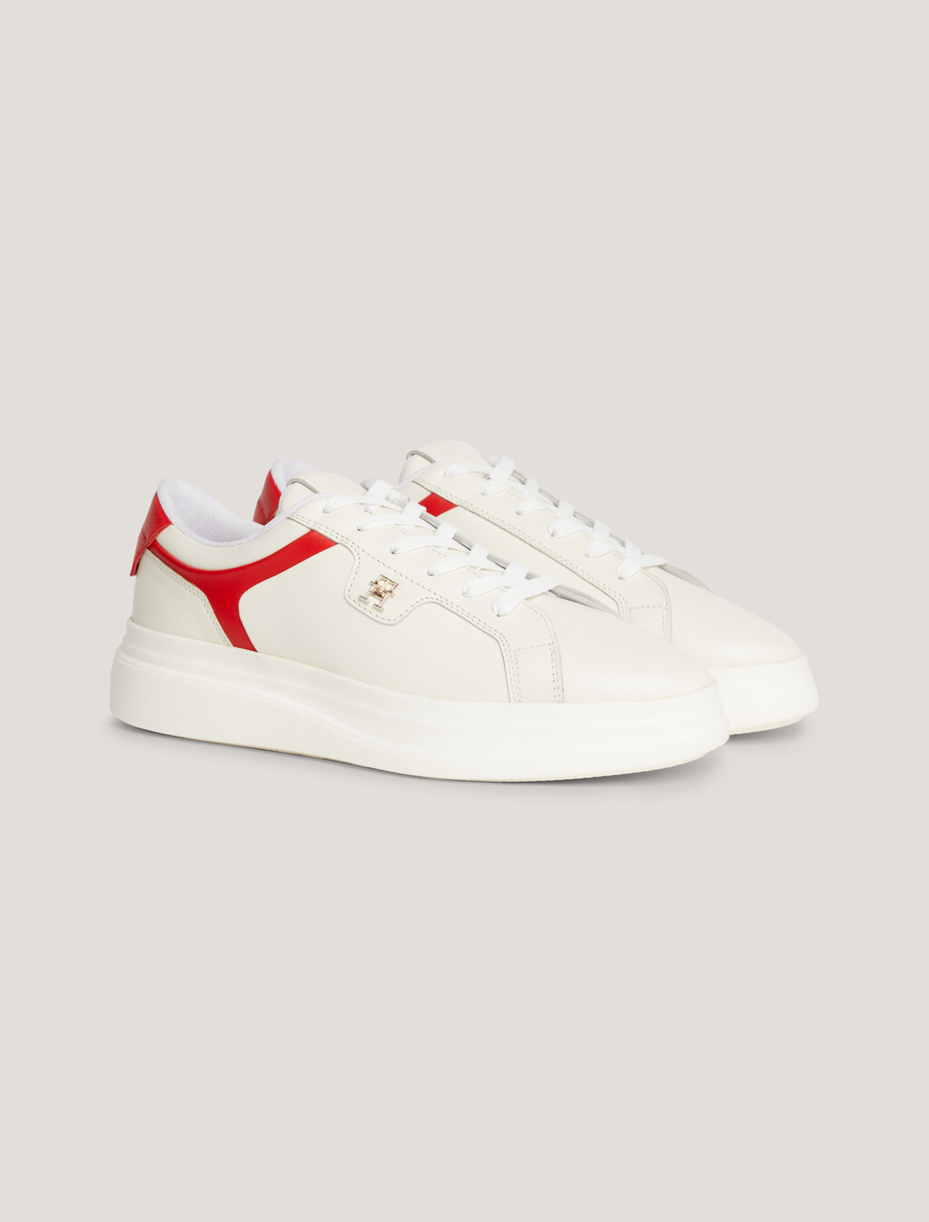 Leather TH Monogram Court Trainers, Ecru/Fierce Red, hi-res