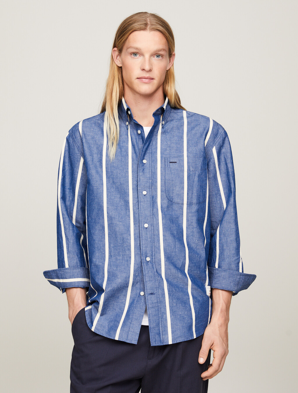 Vertical Stripe Regular Shirt, Anchor Blue / Calico, hi-res
