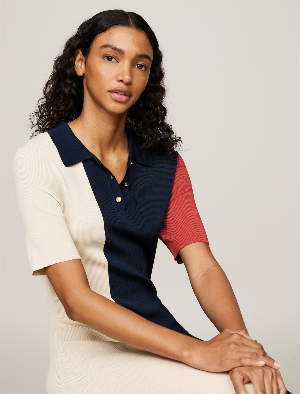 Colour-Blocked Knit Slim Fit Polo Dress, Global Stp/ Color Blocked, hi-res