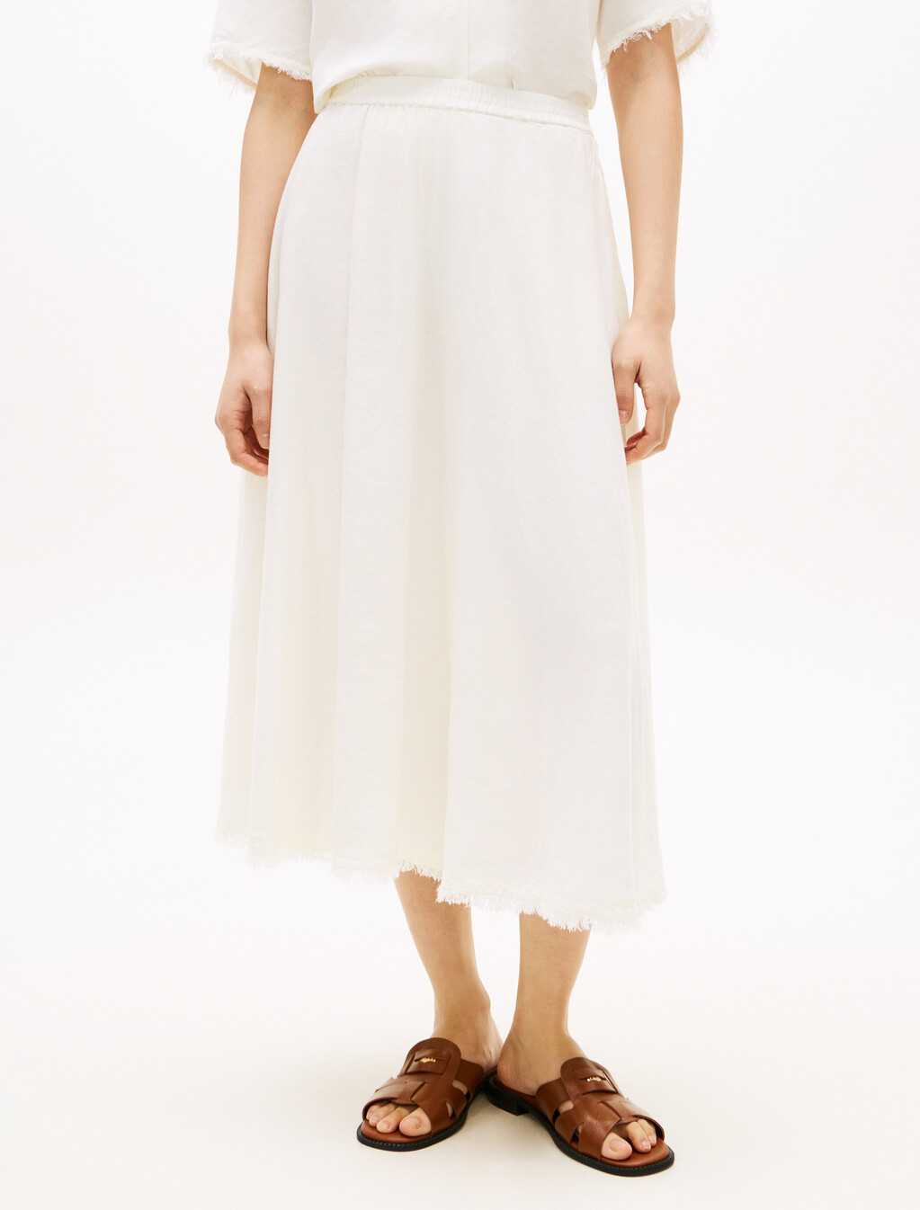 Pleated Linen Blend Midi A-Line Skirt, Ivory Silk, hi-res
