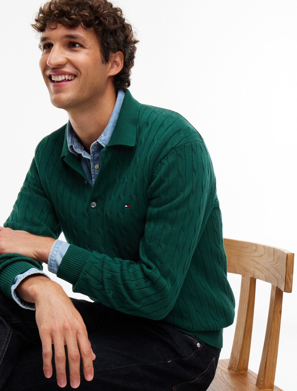 Cable Knit Polo Jumper, Ornamental Green, hi-res