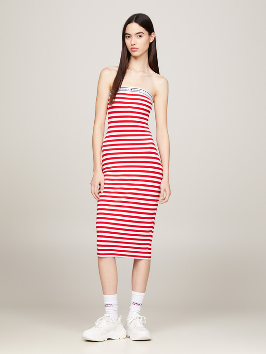 Logo Tape Stripe Knee Length Tube Dress