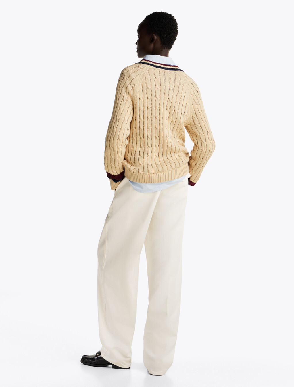 Varsity Cable Knit V Neck Sweater, Country Ivory, hi-res