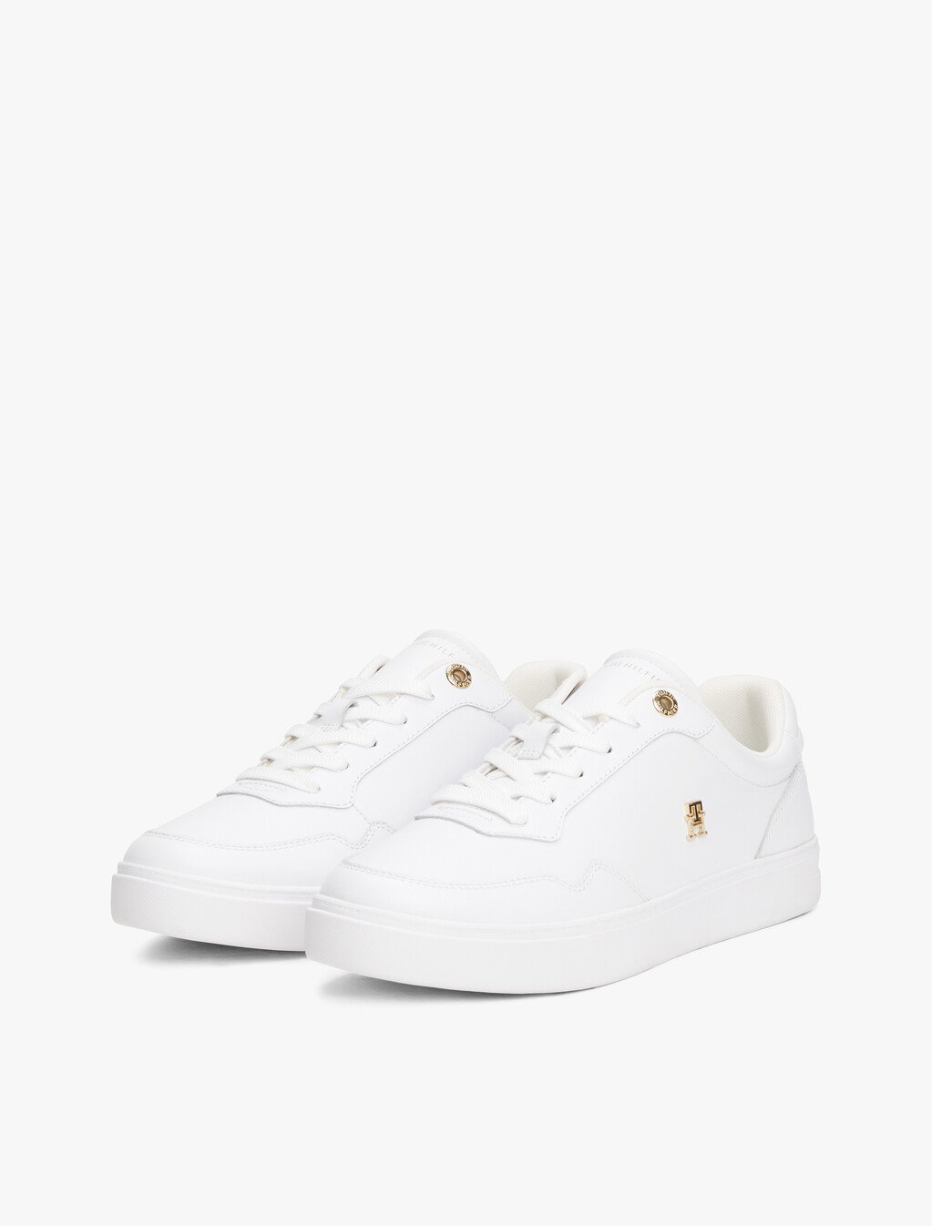 Leather TH Monogram Plaque Court Trainers, White/Gold, hi-res