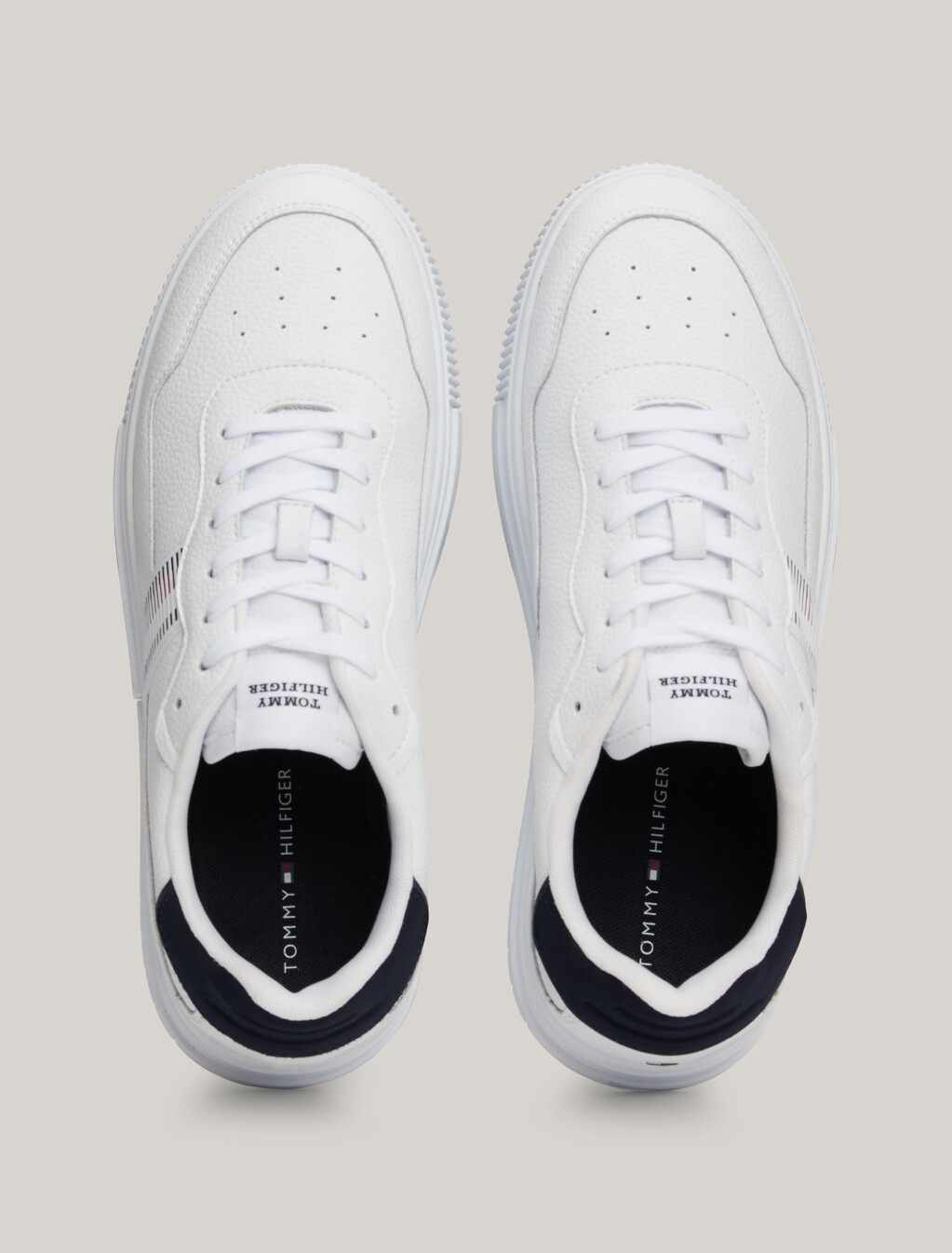 Signature Tape Textured Leather Trainers, White, hi-res