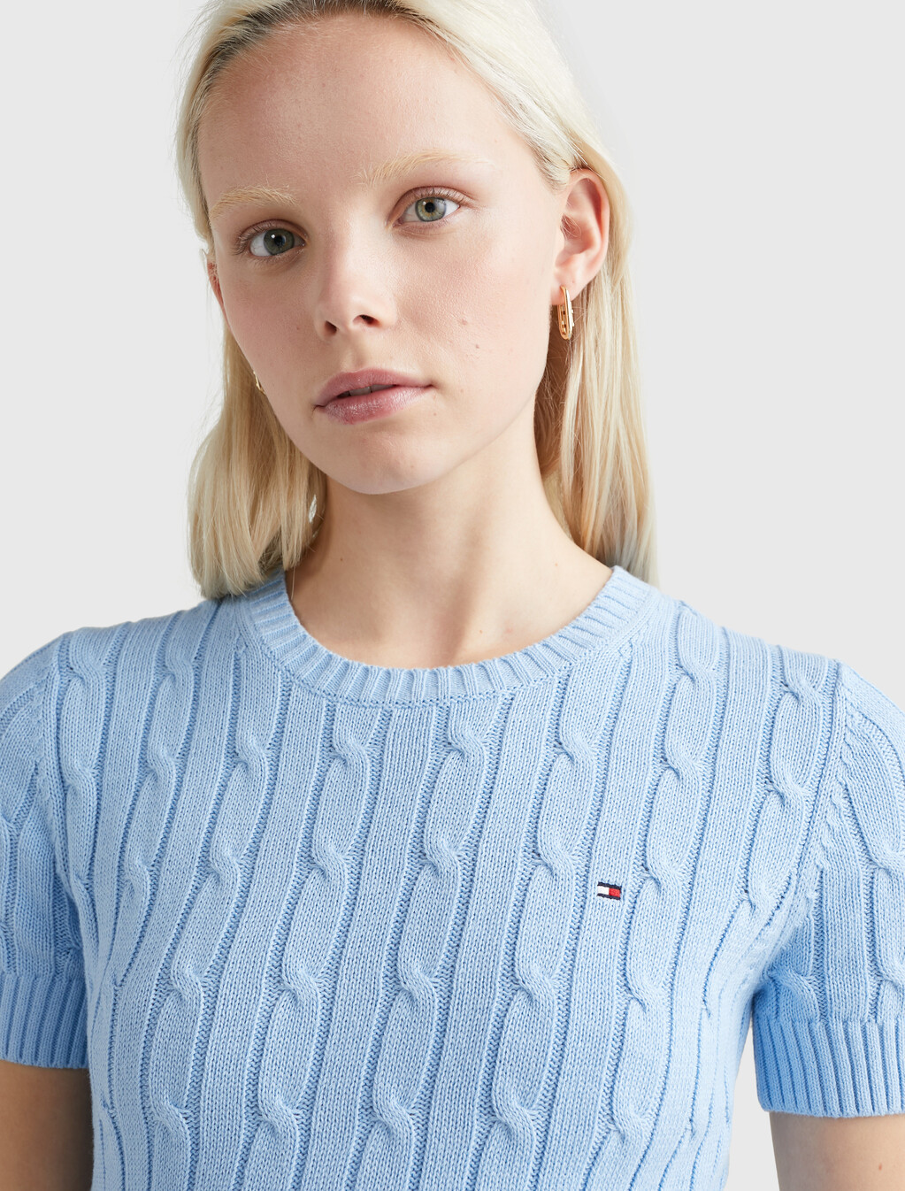 Cable Knit Short Sleeve Jumper, Vessel Blue, hi-res