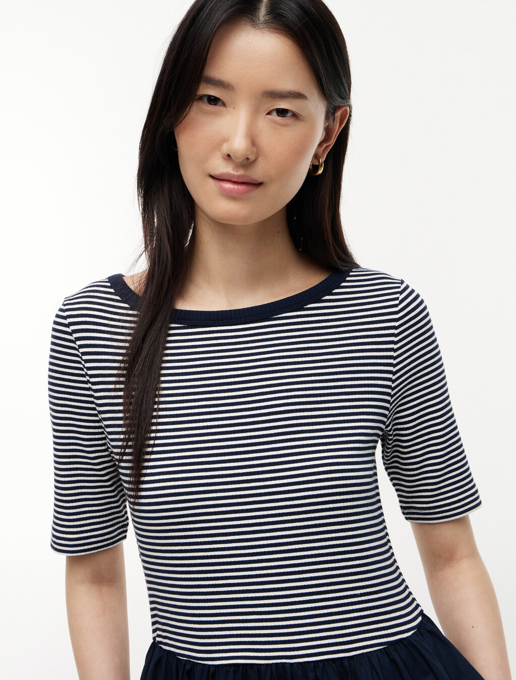 Gold-Tone Button Ribbed Midi Flare Dress, Dark Night Navy /Ecru Stp, hi-res