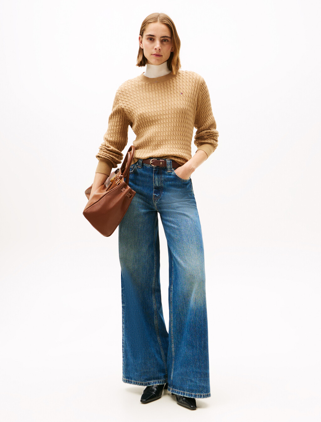 Fine Cable Knit Crew Neck Jumper, Safari Canvas, hi-res