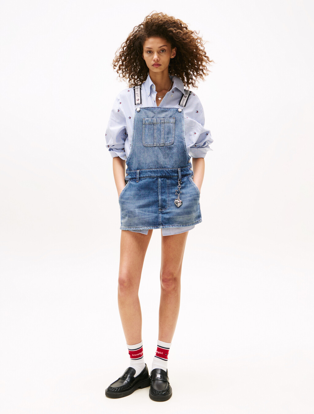 Tommy Girl Mini Denim Dungaree Dress, Indigo Wash / Ecru, hi-res